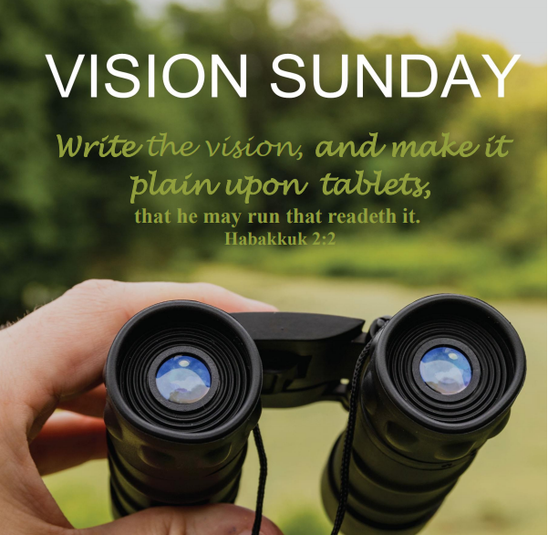 A pair of binoculars, with a hand raising them up as if we are about to look through them. Text is from Habakkuk 2:2— " Write the vision, and make it plain upon tables, that he may run that readeth it."